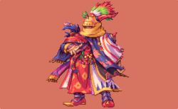 Rule 34 | 1990s (style), abysswolf, ambiguous gender, feathers, final fantasy, final fantasy vi, gogo, horns, orange background, pixel art, red eyes, sash, scarf, single horn