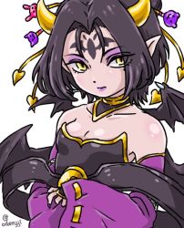 Rule 34 | 1girl, child, closed mouth, demon, demon girl, digimon, eyeshadow, fallen angel, female focus, fingernails, lilithmon, lips, lipstick, looking at viewer, makeup, mark of evil, nail polish, pointy ears, purple eyeshadow, purple lips, purple nails, simple background, solo, upper body, wings