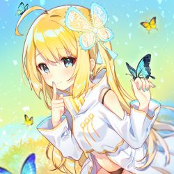 Rule 34 | 1girl, ahoge, bare shoulders, black panties, blonde hair, blue eyes, blue nails, blush, bra strap, bug, butterfly, closed mouth, clothing cutout, commentary request, cona kinaco, cowboy shot, crop top, hair ornament, hands up, index finger raised, bug, long hair, long sleeves, looking at viewer, nail polish, navel, no pants, official art, original, panties, shoulder cutout, sidelocks, smile, solo, standing, stomach, underwear