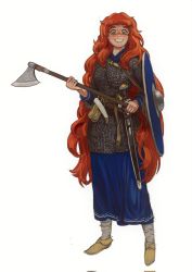 Rule 34 | 1girl, armor, axe, chainmail, drinking horn, freckles, full body, green eyes, highres, holding, holding axe, holding shield, holding weapon, long hair, looking at viewer, mossacannibalis, orange hair, original, scabbard, sheath, shield, shoes, simple background, smile, solo, very long hair, weapon, white background, wide-eyed