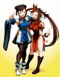 Rule 34 | 2girls, absurdres, arm around waist, arm over shoulder, belt boots, black footwear, blue dress, boots, bracelet, breasts, brown eyes, brown hair, buckle, bun cover, capcom, chinese clothes, chun-li, cosplay, costume switch, cross-laced footwear, detached sleeves, dress, eyeshadow, full body, gold trim, gradient background, guilty gear, hair bun, hair ornament, highres, impossible clothes, jewelry, kanta-kun, kuradoberi jam, lace-up boots, large breasts, leg strap, lipstick, makeup, multiple girls, open mouth, pantyhose, pelvic curtain, puffy sleeves, red dress, signature, single hair bun, smile, spiked bracelet, spikes, street fighter, thigh strap, trait connection, v, yellow eyes