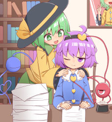 Rule 34 | 2girls, ahoge, black hairband, black headwear, blue shirt, bookshelf, bright pupils, chair, commentary request, frilled sleeves, frills, green eyes, green hair, green skirt, hairband, hands on another&#039;s shoulders, hat, heart, heart of string, highres, holding, holding pen, indoors, inkwell, komeiji koishi, komeiji satori, long sleeves, looking at viewer, multiple girls, nib pen (object), nihohohi, one eye closed, open mouth, paper, paper stack, pen, portrait (object), purple eyes, purple hair, shirt, short hair, siblings, sisters, sitting, skirt, smile, third eye, touhou, white pupils, yellow shirt