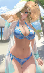 Rule 34 | 1girl, absurdres, bare shoulders, beach, bikini, blonde hair, blue eyes, blush, breasts, cleavage, collarbone, cowboy shot, curvy, floral print, front-tie bikini top, front-tie top, gluteal fold, halterneck, halterneck, hat, highres, jewelry, large breasts, long hair, looking at viewer, navel, necklace, see-through, side-tie bikini bottom, silvertsuki, smile, solo, straw hat, swimsuit, tales of (series), tales of the abyss, tear grants, thigh gap, wide hips