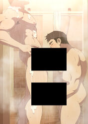 Rule 34 | 2boys, abs, absurdres, bar censor, bara, black hair, blush, brown hair, censored, completely nude, erection, facial hair, feet out of frame, fellatio, goatee, highres, large pectorals, male focus, male masturbation, masturbation, mature male, multiple boys, muscular, muscular male, nipples, nude, oral, original, oro9, paid reward available, pectorals, sauna, short hair, shower (place), sideburns, soap bubbles, standing, steam, stomach, stubble, thick eyebrows, thick thighs, thighs, yaoi