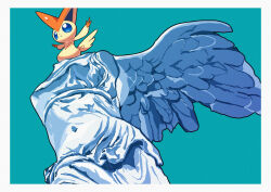 Rule 34 | absurdres, blue eyes, border, bright pupils, closed mouth, creatures (company), from below, game freak, gen 5 pokemon, green background, highres, legendary pokemon, mythical pokemon, nintendo, no humans, outstretched arms, pokemon, pokemon (creature), saiku (zvlku), solo, standing, statue, victini, white border, white pupils