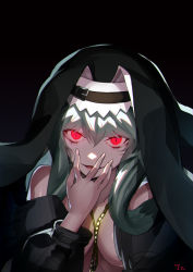 Rule 34 | 1girl, absurdres, arknights, bare shoulders, black background, black dress, black nails, breasts, commentary, dress, habit, hair between eyes, hand on own face, hand up, highres, jewelry, long hair, medium breasts, nail polish, necklace, no bra, nun, off shoulder, open mouth, razu (rus), red eyes, silver hair, simple background, smile, solo, specter (arknights), sweater, upper body