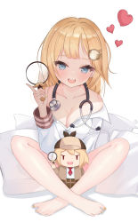 Rule 34 | 1girl, :d, absurdres, bite mark, blonde hair, blue eyes, detective, full body, hair ornament, heart, highres, hololive, hololive english, indian style, long sleeves, looking at viewer, magnifying glass, nail polish, open mouth, pillow, shirt, short hair, simple background, sitting, smile, smol ame, solo, stethoscope, toenail polish, toenails, virtual youtuber, watson amelia, white background, white shirt, xxdentera, yellow nails