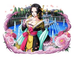 Rule 34 | 1girl, black hair, blue eyes, boa hancock, bodskih, breasts, cleavage, collarbone, earrings, flower, jewelry, large breasts, long hair, looking at viewer, one piece, one piece treasure cruise, parted lips, pink flower, red flower, smile, snake earrings, solo, standing, transparent background