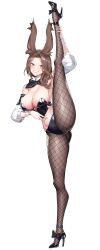 Rule 34 | 1girl, absurdres, animal ears, ass, bare shoulders, belly, black footwear, breasts, brown hair, cleavage, detached sleeves, dot nose, fishnet pantyhose, fishnets, forehead, frills, full body, gaosu gong lu, grin, high heels, highres, large breasts, leotard, long hair, open mouth, original, pantyhose, playboy bunny, rabbit ears, rabbit girl, simple background, smile, solo, split, standing, standing on one leg, standing split, thighs, v, white background, wrist cuffs, yellow eyes