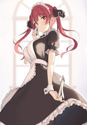 1girl, :t, absurdres, alternate costume, apron, bangs, black dress, black legwear, blush, breasts, cloba, dress, enmaided, eyebrows visible through hair, frilled dress, frills, hair ribbon, heterochromia, highres, holding, holding pen, hololive, houshou marine, large breasts, long hair, maid, maid headdress, pen, red eyes, red hair, ribbon, short sleeves, solo, twintails, virtual youtuber, white apron, wrist cuffs, yellow eyes