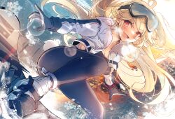 1girl ahoge azur_lane blonde_hair bluecher_(azur_lane) bluecher_(high-altitude_head_over_heels)_(azur_lane) blush breasts cleavage commentary full_body goggles heaven&#039;s_melody highres long_hair looking_at_viewer mountain official_alternate_costume open_mouth outdoors red_eyes shrug_(clothing) sideboob ski_goggles smile snow snowboard solo sunset two_side_up white_shrug