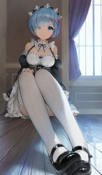 Rule 34 | 1girl, absurdres, black footwear, blue eyes, blue hair, breasts, cleavage, commentary request, curtains, detached sleeves, eso (toory), expressionless, foreshortening, full body, hair ornament, hair over one eye, hair ribbon, highres, legs, looking at viewer, maid, maid headdress, mary janes, medium breasts, on floor, pink ribbon, re:zero kara hajimeru isekai seikatsu, rem (re:zero), ribbon, roswaal mansion maid uniform, shoes, short hair, sitting, solo, thighhighs, white thighhighs, window, x hair ornament