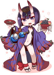 Rule 34 | 1girl, barefoot sandals (jewelry), blush, bowl, chibi, collarbone, fate/grand order, fate (series), flat chest, food, fruit, full body, grapes, holding, holding bowl, horns, looking at viewer, naga u, navel, open mouth, purple eyes, purple hair, short hair, shuten douji (fate), shuten douji (first ascension) (fate), smile, solo