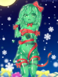 Rule 34 | 1girl, :d, blurry, blurry background, blush, bow, colored sclera, colored skin, curss, depth of field, fang, flat chest, green eyes, green hair, green sclera, green skin, hair bow, hand up, highres, looking at viewer, medium hair, monster girl, naked ribbon, navel, open mouth, original, red bow, red ribbon, ribbon, skin fang, slime girl, smile, snowflakes, solo, standing, star-shaped pupils, star (symbol), symbol-shaped pupils, twitter username