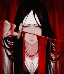 Rule 34 | 1girl, black hair, black kimono, bleach, blood, bloody weapon, cat helper, highres, holding, holding sword, holding weapon, jacket, japanese clothes, katana, kimono, long hair, looking at viewer, scar, scar on chest, solo, sword, unohana retsu, weapon, white jacket, zanpakutou