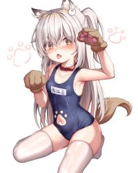 Rule 34 | 1girl, animal collar, animal ear fluff, animal ears, animal hands, bare arms, bare shoulders, blue one-piece swimsuit, blush, cat ears, clothing cutout, collar, commentary request, fang, female focus, gloves, hair between eyes, hair ornament, long hair, looking at viewer, mannack, name tag, navel, navel cutout, one-piece swimsuit, one side up, original, paw cutout, paw gloves, rabbit hair ornament, red collar, red eyes, saliva, school swimsuit, silver hair, simple background, skin fang, solo, swimsuit, tail, tears, thighhighs, tongue, tongue out, very long hair, white background, white thighhighs