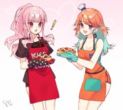 Rule 34 | 2girls, alternate costume, apron, cake, chef hat, dessert, earrings, feather earrings, feathers, food, gradient hair, hat, highres, hololive, hololive english, jewelry, long hair, looking at another, mori calliope, multicolored hair, multiple girls, orange hair, oven mitts, pastry, pie, pink hair, plate, takanashi kiara, virtual youtuber, watashishi, yuri