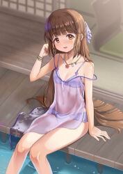 Rule 34 | 1girl, arm at side, bare arms, bikini, bikini under clothes, blunt bangs, blunt ends, blurry, blurry background, breasts, brown eyes, brown hair, collarbone, dress, feet out of frame, hair spread out, hand in own hair, hand up, head tilt, idolmaster, idolmaster cinderella girls, jewelry, knees together feet apart, light blush, long hair, looking at viewer, multi-strapped bikini bottom, necklace, open mouth, pendant, purple bikini, see-through, see-through dress, sitting, small breasts, smile, solo, spaghetti strap, straight hair, strap slip, swimsuit, very long hair, water, wooden floor, wristband, yorita yoshino, zaxwu