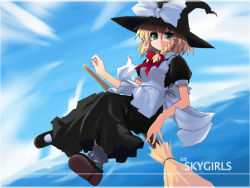 Rule 34 | 1girl, apron, black dress, blonde hair, blush, broom, broom riding, dress, female focus, frills, full body, green eyes, hat, kirisame marisa, looking at viewer, mary janes, puffy short sleeves, puffy sleeves, red ribbon, ribbon, shin (new), shoes, short sleeves, sidesaddle, solo, touhou, waist apron, witch hat