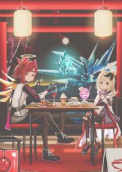 Rule 34 | 2girls, alcohol, arknights, black footwear, black gloves, black legwear, blonde hair, blue eyes, blush, chair, character request, closed mouth, crossover, crystal, cup, double bun, drinking glass, drinking straw, exusiai (arknights), eyjafjalla (arknights), facial mark, final fantasy, final fantasy xiv, fingerless gloves, gloves, halo, heterochromia, highres, horns, kirimatsu, lantern, multiple girls, pantyhose, parted lips, plate, pointy ears, red eyes, red hair, short hair, sitting, smile, table, torii, wine, wine glass, yellow eyes