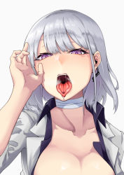 Rule 34 | 1girl, breasts, collarbone, formal, girls&#039; frontline, heart, heart-shaped pupils, highres, large breasts, nakiusagi, open mouth, purple eyes, rpk-16 (girls&#039; frontline), rpk-16 (renate) (girls&#039; frontline), short hair, silver hair, solo, suit, symbol-shaped pupils, tongue, tongue out, upper body, white background, white suit