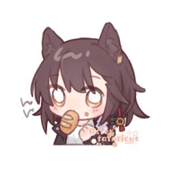 Rule 34 | 1girl, animal ear fluff, animal ears, arknights, artist name, black jacket, blush, bread, brown eyes, brown hair, chibi, cropped torso, food, food in mouth, food on face, jacket, kkkkuro, long sleeves, looking at viewer, lunacub (arknights), mouth hold, open clothes, open jacket, shirt, simple background, solo, upper body, white background, white shirt