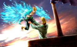 Rule 34 | 2boys, blonde hair, blue fire, blue flames, facial hair, fiery wings, fire, flag, flying, jolly roger, male focus, marco (one piece), multiple boys, one piece, open clothes, open shirt, outdoors, pirate, pompadour, scenery, ship, shirt, sky, tattoo, thatch, transformation, watercraft, wings