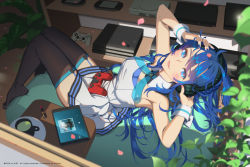 Rule 34 | 1girl, adjusting headphones, ai-chan (playstation), armpits, bean bag chair, black thighhighs, blue eyes, blue hair, blush, breasts, cherry blossoms, closed mouth, commentary request, cosmetics, cup, day, detached collar, dress, full body, game console, garter straps, handheld game console, headphones, highres, indoors, knees together feet apart, lips, lipstick tube, long hair, looking at viewer, medium breasts, nail polish, off-shoulder dress, off shoulder, petals, pink nails, plant, playstation 2, playstation 3, playstation 4, playstation controller, playstation portable, playstation vita, red pupils, shade, short dress, sitting, sleeveless, smile, solo, sony, sunlight, tablet pc, thighhighs, thighs, vofan, white dress, wrist cuffs
