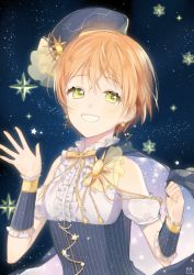 Rule 34 | 10s, 1girl, arm warmers, bad id, bad pixiv id, cape, center frills, clenched hand, clothing cutout, constellation costume, crossed bangs, earrings, frilled shirt collar, frills, green eyes, grin, hat, hoshizora rin, jewelry, looking at viewer, love live!, love live! school idol festival, love live! school idol project, marin (myuy 3), neck ribbon, night, night sky, orange hair, ribbon, scorpius (constellation), short hair, shoulder cutout, signature, sky, smile, solo, star (sky), starry sky, starry sky print, upper body, yellow ribbon