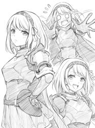Rule 34 | 1girl, :d, armor, blush, character request, commentary request, embarrassed, eyelashes, fire emblem, gloves, greyscale, hair ornament, hairband, happy, looking at viewer, monochrome, nintendo, open mouth, short hair, simple background, sketch, smile, solo, standing, ten (tenchan man), white background