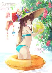 Rule 34 | 1girl, absurdres, ass, bad id, bad pixiv id, ball, beachball, bikini, blue bikini, blue eyes, blue ribbon, bow, brown hair, character name, dampi, flower, from side, hair tubes, hakurei reimu, hat, hat bow, hat flower, hat ribbon, highres, holding, holding ball, innertube, long hair, looking at viewer, pink flower, red bow, ribbon, solo, standing, straw hat, sun hat, swim ring, swimsuit, touhou, transparent, wading, white flower, yellow hat