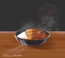 Rule 34 | 1girl, afterimage, akagi (kancolle), brown hair, commentary, curry, curry rice, disco brando, english commentary, food, food focus, green eyes, grey background, highres, inset, japanese clothes, kantai collection, long tongue, reflection, rice, solo, steam, strabismus, table, tongue, tongue out, twitter username, wall-eyed