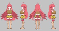 Rule 34 | 1girl, absurdres, ahoge, animal ears, bird ears, bird legs, bird tail, blush, breasts, brown eyes, brown tank top, character sheet, coco (eogks), commentary, feathered wings, feathers, grey background, harpy, highres, large breasts, long hair, midriff, monster girl, navel, nn (eogks), original, red feathers, red hair, red wings, simple background, skirt, tail, talons, tank top, winged arms, wings, yellow skirt
