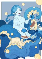 Rule 34 | 1girl, absurdres, blue background, blue hair, blue pupils, blue skin, breasts, bubble, chef, colored skin, cooking, fire, flour, food, frying pan, full body, hand up, highres, hkdd99, holding, holding frying pan, holding ladle, holding sack, holding spatula, ladle, long hair, long sleeves, looking at food, looking at object, low-tied long hair, medium breasts, monster girl, one eye closed, open mouth, original, pancake, pointy ears, portable stove, sack, scylla, sharp teeth, simple background, solo, spatula, suction cups, symbol-shaped pupils, teeth, tentacles, tongue, tongue out, uniform, yellow eyes