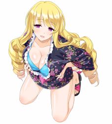 Rule 34 | 1girl, ariel foch, blonde hair, breasts, cle masahiro, cleavage, drill hair, floral print, full body, long hair, long sleeves, official art, open mouth, purple eyes, sandals, simple background, solo, valkyrie drive, valkyrie drive -siren-, white background
