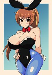 Rule 34 | 1girl, animal ears, bare shoulders, black leotard, blue background, blue pantyhose, blush, bow, bowtie, breasts, brown eyes, brown hair, cleavage, dead or alive, detached collar, fake animal ears, hair ribbon, hand on own hip, highres, huge breasts, iggybomb, kasumi (doa), leotard, long hair, looking at viewer, pantyhose, playboy bunny, ponytail, rabbit ears, red bow, red bowtie, ribbon, sleeveless, smile, tecmo, wide hips
