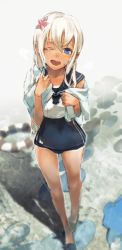 Rule 34 | 1girl, cruel gz, from above, full body, highres, kantai collection, lifebuoy, one-piece swimsuit, one-piece tan, puddle, ro-500 (kancolle), solo, swim ring, swimsuit, swimsuit under clothes, tagme, tan, tanline