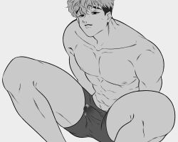 Rule 34 | 1boy, abs, arms behind back, bags under eyes, boxer briefs, bulge, chankiiko, collarbone, covered penis, cum, cum in clothes, cum through clothes, ejaculation under clothes, erection, erection under clothes, highres, killing stalking, large pectorals, looking at viewer, m legs, male focus, male underwear, muscular, muscular male, nipples, oh sangwoo, parted lips, pectorals, solo, sweatdrop, undercut, underwear