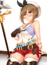 Rule 34 | 1girl, :o, atelier (series), atelier ryza, atelier ryza 1, belt, blush, breasts, brown eyes, brown gloves, brown hair, brown thighhighs, cleavage, commentary request, daichi (tokoya), gloves, hair between eyes, hair ornament, hairclip, hat, highres, hot, jewelry, large breasts, looking at viewer, navel, necklace, red shorts, reisalin stout, short hair, short shorts, shorts, simple background, single glove, solo, star (symbol), sweat, thighhighs, thighs, white background, white hat, white thighhighs