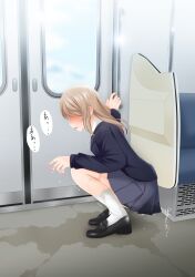 Rule 34 | 1girl, absurdres, black footwear, black jacket, blue skirt, blue sky, blush, brown hair, day, door, ear blush, earrings, faceless, faceless male, female focus, from side, full body, gokiburi no dashi, hand up, highres, indoors, jacket, japanese text, jewelry, long hair, long sleeves, miniskirt, moaning, nail polish, nose blush, open mouth, original, pee, peeing, peeing self, pink nails, pleated skirt, puddle, shirt, shoes, sidelocks, skirt, sky, socks, solo, speech bubble, squatting, sweat, teeth, train interior, translation request, wet, wet clothes, wet socks, white shirt, white socks, window