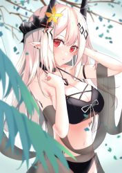 Rule 34 | 1girl, absurdres, akar1, arknights, arm strap, bare shoulders, bikini, black bikini, black choker, blush, breasts, choker, commentary, flower, hair flower, hair ornament, highres, horns, infection monitor (arknights), large breasts, long hair, looking at viewer, material growth, mudrock (arknights), mudrock (silent night) (arknights), oripathy lesion (arknights), parted lips, pointy ears, red eyes, shawl, silver hair, solo, stomach, swimsuit, upper body, yellow flower