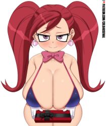 Rule 34 | 1girl, artist name, bikini, blush, boku no hero academia, bow, bowtie, breasts, cleavage, coldarsenal, collarbone, earrings, gift, gloves, heart, heart earrings, highres, huge breasts, jewelry, la brava, long hair, looking at viewer, pink eyes, red hair, shortstack, smile, solo, swimsuit, thick thighs, thighs, twintails, very long hair, white background, white gloves, wide hips