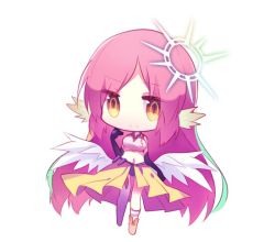 Rule 34 | 1girl, angel wings, asymmetrical legwear, breasts, chibi, spiked halo, crop top, cross, cuivre, feathered wings, full body, gloves, gradient eyes, halo, jibril (no game no life), long hair, low wings, magic circle, medium breasts, midriff, mismatched legwear, multicolored eyes, multicolored hair, navel, no game no life, orange eyes, pink hair, shoes, single shoe, smile, solo, symbol-shaped pupils, very long hair, white wings, wing ears, wings, yellow eyes