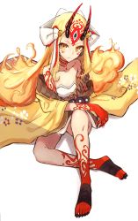 Rule 34 | 1girl, aitekku, blonde hair, breasts, cleavage, collarbone, commentary request, facial mark, fate/grand order, fate (series), fiery hair, full body, highres, horns, ibaraki douji (fate), japanese clothes, kimono, long hair, looking at viewer, medium breasts, oni, oni horns, simple background, sitting, solo, white background, wide sleeves, yellow eyes, yellow kimono