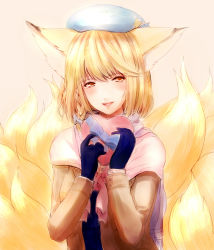 Rule 34 | 1girl, alternate costume, animal ears, beret, black gloves, blonde hair, blush, braid, candy, casual, chocolate, chocolate heart, coat, dearmybrothers, food, fox ears, fox tail, gloves, hat, heart, highres, lips, multiple tails, open mouth, ribbon, scarf, short hair, smile, solo, sweater, tail, touhou, valentine, yakumo ran, yellow eyes