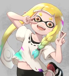 Rule 34 | 1girl, arms up, bike shorts, black footwear, black shorts, blonde hair, blunt bangs, braid, domino mask, double v, fang, grey background, highres, inkling, inkling girl, inkling player character, khell, leg up, long hair, looking at viewer, mask, navel, nintendo, open mouth, paint stains, pointy ears, shirt, shoes, short sleeves, shorts, simple background, smile, splatoon (series), stained clothes, suction cups, tentacle hair, torn clothes, torn shirt, v, white shirt, yellow eyes