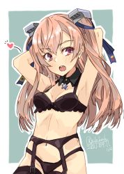 Rule 34 | 1girl, alakoala, armpits, arms behind head, arms up, black bra, black panties, bra, breasts, brown eyes, detached collar, garter belt, garter straps, highres, johnston (kancolle), kantai collection, light brown hair, long hair, looking at viewer, medium breasts, open mouth, panties, round teeth, sideways glance, solo, star ornament, teeth, two side up, underwear, underwear only, upper teeth only