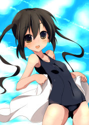 Rule 34 | 1girl, black hair, blush, brown eyes, cloud, day, female focus, k-on!, long hair, nakano azusa, one-piece swimsuit, open mouth, school swimsuit, solo, sora to umi, swimsuit, towel, twintails, wet