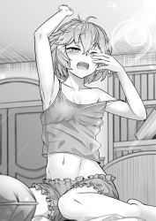 Rule 34 | 1girl, arm up, bare shoulders, bed, bernadetta von varley, camisole, commentary request, fire emblem, fire emblem: three houses, greyscale, hair between eyes, highres, indoors, lens flare, messy hair, midriff, monochrome, navel, nintendo, on bed, one eye closed, open mouth, pajamas, pillow, rubbing eyes, short hair, shorts, sitting, solo, waking up, zenrakishi