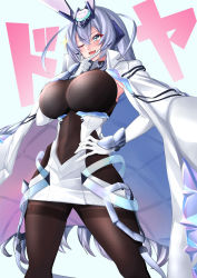 Rule 34 | 1girl, ;d, absurdres, animal ears, armpit crease, azur lane, black pantyhose, blue background, blue eyes, blue hair, bodystocking, breasts, cape, clothing cutout, coat, coat on shoulders, commentary request, covered navel, cowboy shot, dress, elbow gloves, gloves, hair between eyes, hair intakes, hand on own chin, hand on own hip, headgear, highres, large breasts, long hair, new jersey (azur lane), one eye closed, open mouth, pantyhose, partial commentary, rabbit ears, side cutout, sidelocks, smile, smug, solo, sound effects, sparkle, standing, stroking own chin, thighband pantyhose, ura tomoya, vambraces, very long hair, white cape, white dress, white gloves